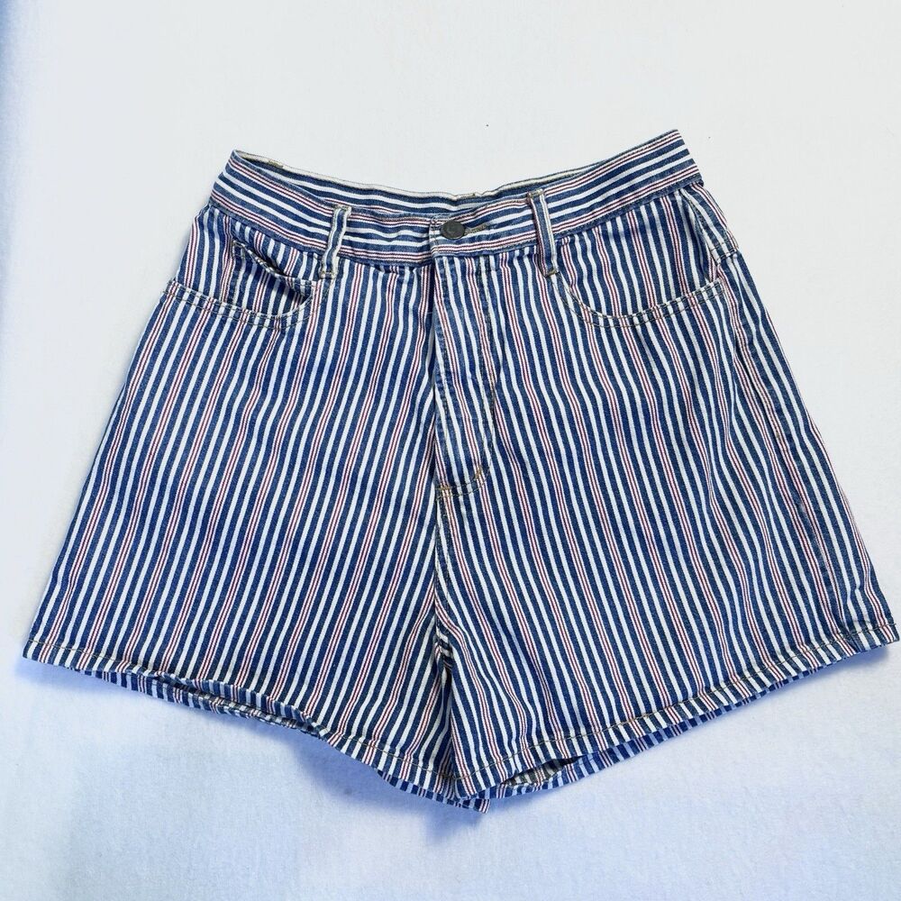 Vtg 80s Niki Lee High Rise Mom Denim Jean Shorts Striped Red White Blue